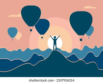 Vector graphics - a silhouette of a man on top of a mountain with his hands raised against the background of the rising sun and flying balloons. Concept - conquest and freedom