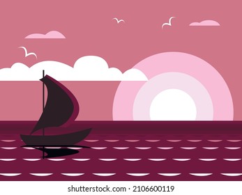 Vector graphics - silhouette of a sailboat sailing on the sea with light ripples and the sun on the horizon. Concept travel and relaxation