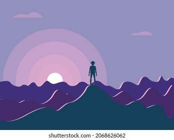 Vector graphics - a silhouette of a tourist standing on top of a mountain against the background of the rising sun of trendy lilac colors. Concept - conquest, freedom and career growth and nature