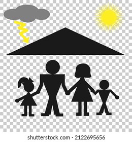 Vector graphics. Silhouettes of a man, a woman and two children on a transparent background. Above them is a roof over which the sun shines on one side and lightning flashes on the other side.