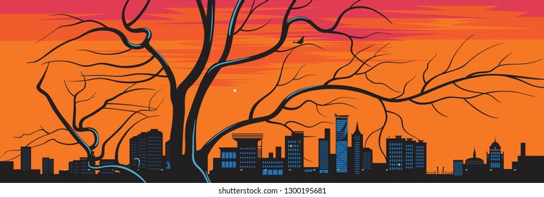 Vector graphics. Silhouettes of a tree and a modern, conditional city at sunset