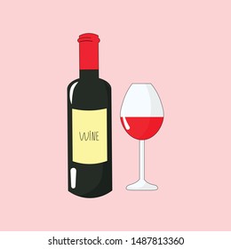 Vector graphics. Simple, beautiful illustration of wine bottle and wine glass. Isolated illustration. Light red background. 