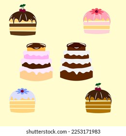 Vector graphics. Six birthday cakes on a yellow background.