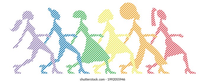 Vector graphics - six rainbow silhouettes of female supermodels walking one after another on the catwalk isolated. Concept-pride lgbt