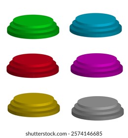 Vector graphics. Six volumetric multi-colored pedestals on a white background.