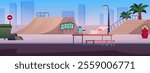 Vector graphics of a skate park with ramps, slides, graffiti, benches, trash cans and palm trees for summer leisure and sports activities in the city