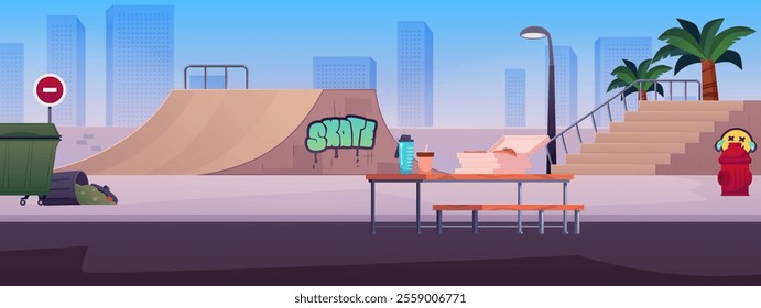 Vector graphics of a skate park with ramps, slides, graffiti, benches, trash cans and palm trees for summer leisure and sports activities in the city