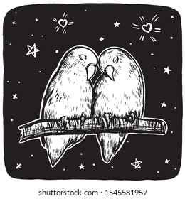 Vector graphics. Sketch. Cute Love birds. Parrot couple. Romantic illustration. St. Valentine's Day. Black-white drawing isolated on white. Design for print, postcards, posters, banners and more.