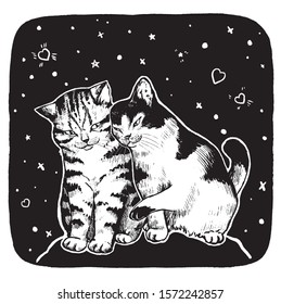 Vector graphics Sketch. Cute Love pet animals. Tender cats couple. Romantic illustration. St. Valentine's Day. Black-white drawing isolated on white. Design for print, postcards, posters, banners ets.