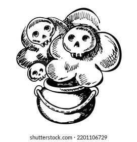 Vector graphics in sketch style isolated on white background. Illustration of a poisonous potion of a witch in a hand-drawn style  in a large cauldron with flying skulls, ghosts and fumes.