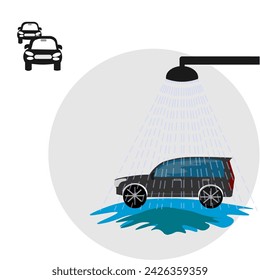 Vector graphics. Small business - car wash. One car is under the shower and two are waiting for their turn.