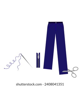 Gráficos vectoriales. Pequeña empresa. Reparando ropa, acortando pantalones. En un fondo blanco, los pantalones cortan con tijeras. Zipper para pantalones, aguja e hilo.