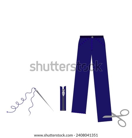 Vector graphics. Small business . Repairing clothes, shortening trousers. On a white background, trousers cut with scissors. Zipper for trousers, needle and thread.