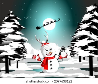 vector graphics of a snowman in a snowy park and moonlight beauty. 