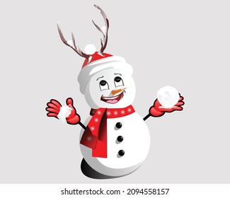 vector graphics of a snowman wearing a deer horned hat. The snowman is part of the culture, a symbol of joy in winter.