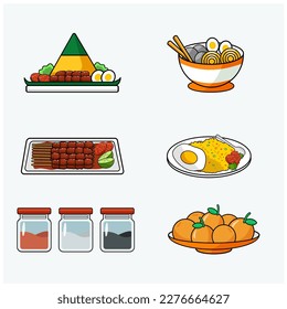 Vektorgrafiken einiger traditioneller indonesischer Lebensmittel. Tumpeng, Bakso, Satay, Nasi Goreng und Würzkasten.