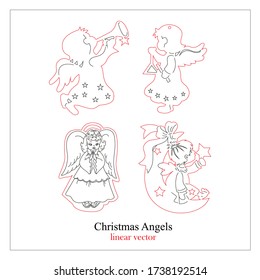 Vector graphics. Souvenir toy for a Christmas tree. With the image of an angel. Made in linear red and black. The illustration is ideal for laser cutting.