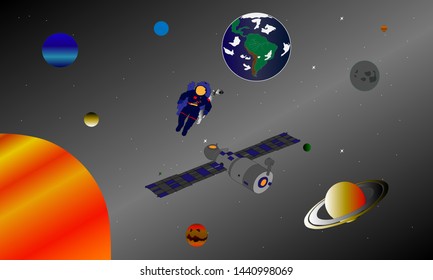 vector graphics space , astronaut and spaceship , planets . 