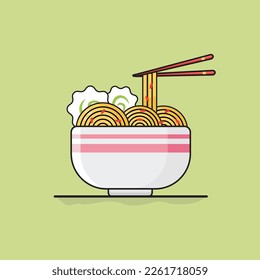 Vector graphics of spicy ramen noodles topped with crackers, chopsticks, in a bowl designed in flat illustration cartoon style. Ramen noodles in bowl icon. Culinary concept icon.