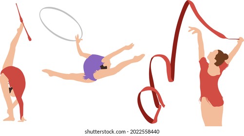 Vector graphics, sportswomen, gymnasts, artistic gymnastics, in red and purple leotards, sports girls