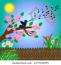 Vector graphics. Spring. A bird sits on a blossoming tree and sings.