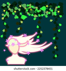 Vector graphics. Spring. On a green background, framed by green leaves, is the silhouette of a girl with hair developing in the wind, in which pink flowers. The silhouette glows pink.