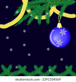 Vector graphics. The spruce branches are decorated with tinsel and a blue New Year's ball. Snowflakes are falling on a dark blue background.