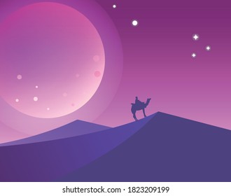 Gráficos vectoriales. noche estrellada en el desierto. camello al fondo de la luna llena