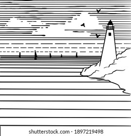 
Vector graphics, stylized image of the sea and the lighthouse. Design element, clipart