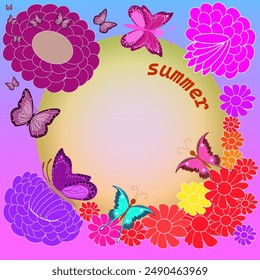 Vector graphics. Summer background. Bright flowers and butterflies against the background of the sun.