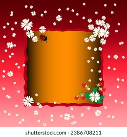 Vector graphics. Summer background. On a red background there is a frame and many daisies. In the frame there is a ladybug and a strawberry bush.