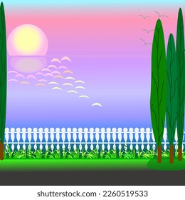Gráficos vectoriales. Ataque veraniego. Amanecer en el mar. El terraplén está cercado con una hermosa valla blanca. Los cipreses crecen por los lados. En el cielo se ven siluetas de pájaros.
