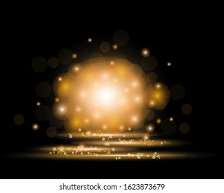 Vector graphics, the sun in the distance on a black background  a flash of golden light glare golden light.