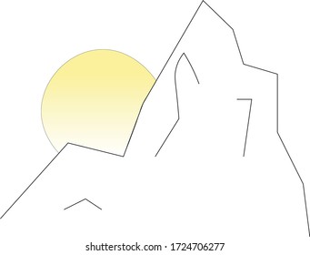 Vector graphics. Sun and mountain. Mountain contour.
