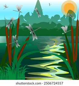 Vector graphics. The sun is reflected in the lake. Dragonflies fly above the reeds.