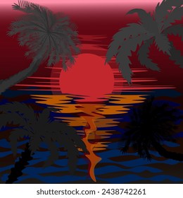 Vector graphics. The sun sets below the ocean horizon. Silhouettes of palm trees are visible against the background of the sun and water.