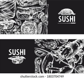 Vector graphics of sushi, rolls, seafood, banner sketches. Pattern, print, menu cover. High detail, high-quality drawing, line drawing.