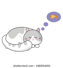 Vector graphics. Sweet, beautiful illustration of sleeping cat. Dreaming cat. Isolated illustration. Kawaii emotions. White background. 