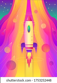 Vector graphics. Take off rocket. Color image of a flying rocket.