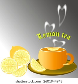 Vector graphics. Tea with lemon. There is a cup of tea with lemon on a saucer, and lemon pieces are lying nearby.