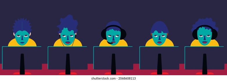 Vector graphics - A team of five boys with headphones sitting and looking at a computer screen playing a computer game on a dark background and a copy space. The concept eSports