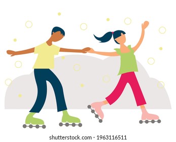 Vector graphics - teenage boy and girl have fun roller skating holding hands isolated. Concept-active lifestyle