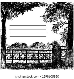 
Vector graphics. Template for invitation cards, promotions, covers for sketchbook, notebook, document. Trees with foliage and a forged fence with a pattern form a frame.