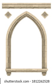 Vector graphics. Template on a white background. Facade application. Stone beige antique gothic castle or temple arch