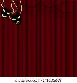 Vector graphics. Theater red curtain. Suspended at the top are two masks of comedy and tragedy.