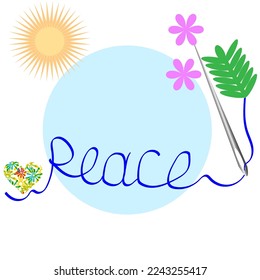 Vector graphics. There is a blue ball on a white background, the sun is shining above the ball. The word "Peace" is written with a thread inserted into the needle.