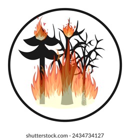 Vector graphics. There are burning trees in a black circle. Forest fire.