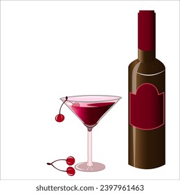 Vector graphics. There is a dark bottle on a white background. Nearby stands a glass of red wine and cherries.
