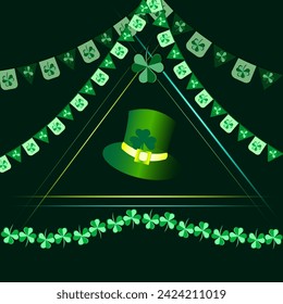 Gráficos vectoriales. En un marco triangular luminoso hay un sombrero verde sobre un fondo verde. En la parte superior hay banderas de papel y un patrón de hojas de trébol.