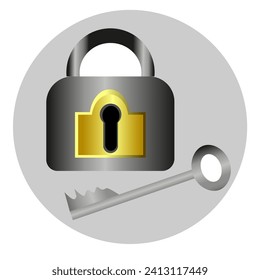 Vector graphics. There is a metal padlock in a gray circle and a key next to it.